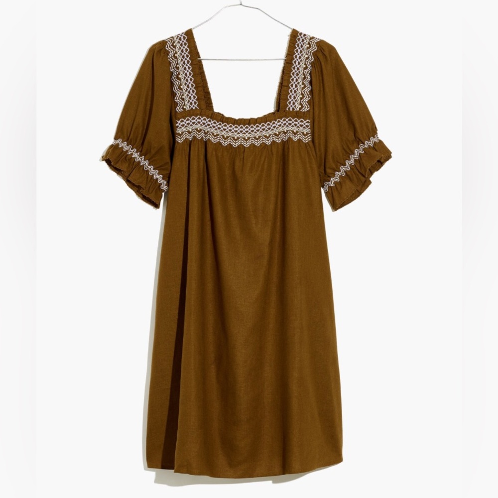 Madewell Smocked-Neck Puff-Sleeve Mini Dress in Asparagus Green Brown‎